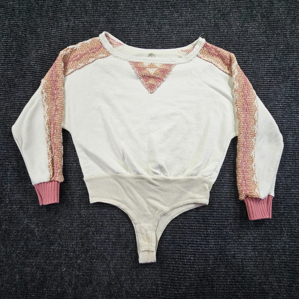 Free People Bodysuit Womens Small Off White Knitted Balloon Sleeve Round Neck